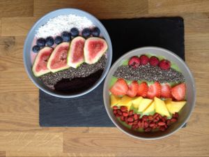 pink and green smoothie bowls!  at Chia Naturally Healthy in Hitchin