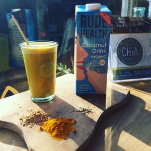 Golden Mylk. Coconut Mylk, turmeric, ginger and black pepper at Chia Naturally Healthy in Hitchin