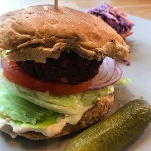 Beetroot and quinoa burger  at Chia Naturally Healthy in Hitchin