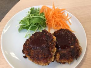 Soy and quinoa vegan burger. at Kaemon Asakusa in Tokyo