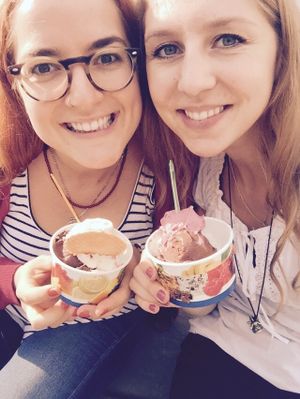 Enjoying ice cream in the sun at Eis Cafe De Lorenzo in Saarbrucken