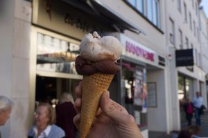 Chocolate ice cream and coconut ice cream. at Eis Cafe De Lorenzo in Saarbrucken