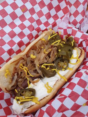 Seattle Dog with Jalepeno cream cheese sweet onion . So tasty!! at Cycle Dogs in Seattle