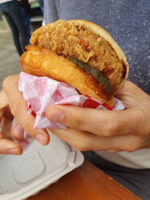 Vegan chicken burger at Cycle Dogs in Seattle