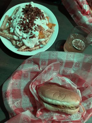 Bacon ranch cheese fries & happy hour burger  at Cycle Dogs in Seattle