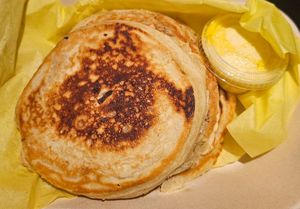 3 stack pancakes (it comes with plenty of syrup) at Cycle Dogs in Seattle