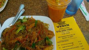 Noodles with Thai Tea at Pho Vegan Asian Cuisine in Rocklin