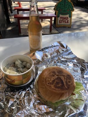 Oh yes, cheeseburger, potato salad and Yerba drink  at Toad Style in Brooklyn
