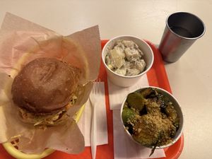 Jackfruit, Brussel sprouts, potato salad   at Toad Style in Brooklyn