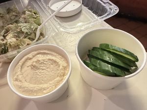 Johnny Hummus - comes with cucumbers (and Caesar salad)  at Toad Style in Brooklyn