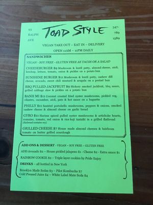 Winter 2018 Menu at Toad Style in Brooklyn