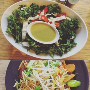 kale salad and Singaporean noodles at Veggo Sizzle in Adelaide
