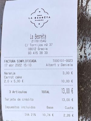 Contact information and prices for three items  at La Besnéta in Barcelona