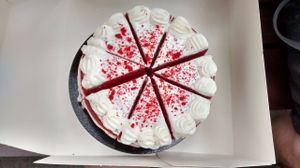 Red cake with vanilla cream at La Besnéta in Barcelona