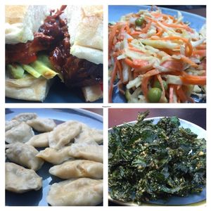 Selection of food available, including Pierogi  & their famous  jackfruit burger at Vegan Hippo in London