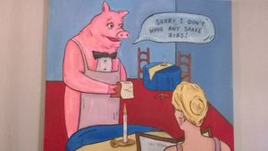 Humorous art inside Vegan Hippo at Vegan Hippo in London