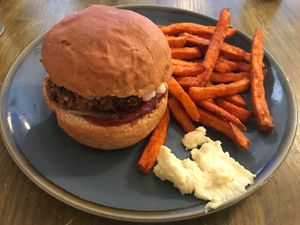 Burger and sweet potato fries @ Vegan Hippo, London at Vegan Hippo in London