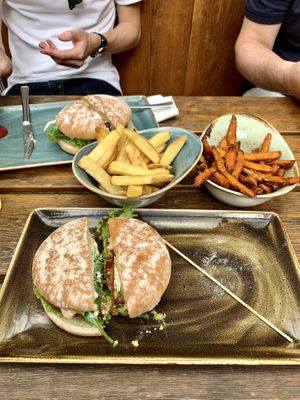 2 vegetarian burgera and fries at Hans im Glück - Isartorplatz in Munich