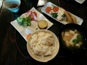 Tofu set lunch - bamboo shoot rice, miso soup, sweet potato, sauted vegetables, tofu steak and grilled potato, marinated tofu, pickled radish. Filling and yum!! at Sakura Saku in Himeji