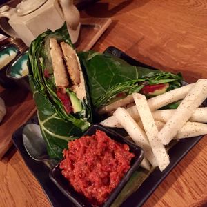 Hempeh ";Cheese"; Burger with jicama fries and raw ketchup.  at Dobra Tea in Asheville