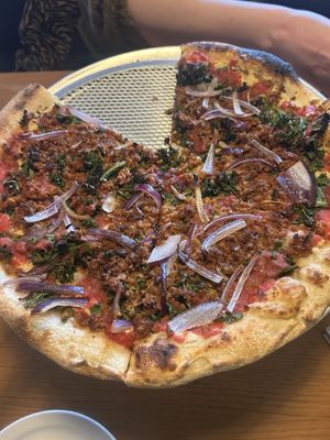 Vegan sausage pizzaa  at East Glisan Pizza Lounge in Portland