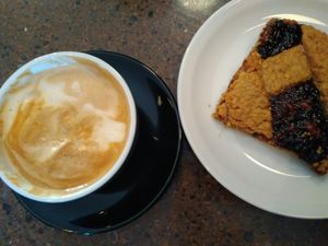 Soya milk cappuccino and ruibarb pie at Passion Reykjavik in Reykjavik