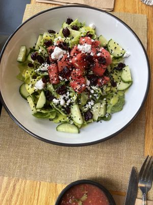 watermelon cucumber salad (subbed vegan feta)  at Tomatillo in Dobbs Ferry