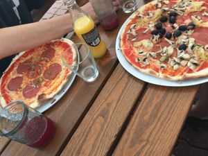 Vegan prosciutto and quattro stagioni  at Pizzeria Fernando in Kolobrzeg