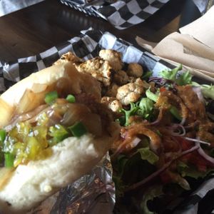 Vegan herb dog w/ grilled onions & jalapenos  at Biker Jim's in Highlands Ranch