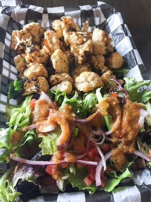 tahini cauliflower & side salad at Biker Jim's in Highlands Ranch