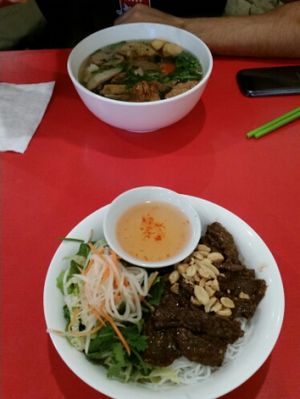 'beef' rice noodle bowl abd traditional vietnamese pho soup at Pho Da Son in Montreal