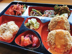 Potato croquettes bento box at Tama Organic Life in Vancouver