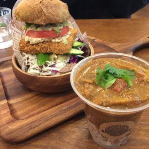 Curry and Tartar burger. Not an easy way to eat a curry.  at Veganic To Go in Tokyo