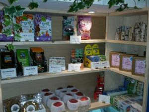 selling some products and fruits at Veganic To Go in Tokyo