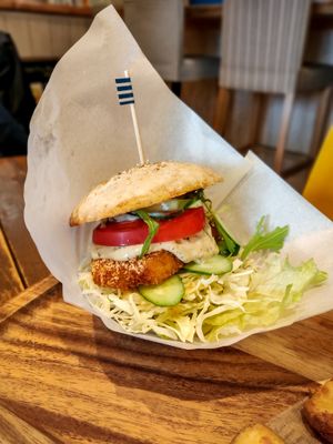 Tartar fish burger. Very delicious with lots of fresh ingredients. And the fish (which is a tofu) is fried very well. at Veganic To Go in Tokyo
