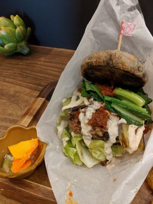 cheesy bean burger at Veganic To Go in Tokyo