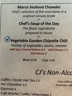 Menu Sample at CJ's on the Bay in Marco Island