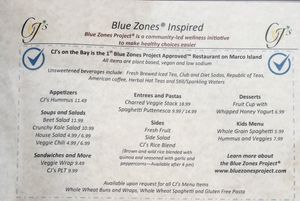 The “blue zone” part of the menu which consists of plantbased/vegan options  at CJ's on the Bay in Marco Island