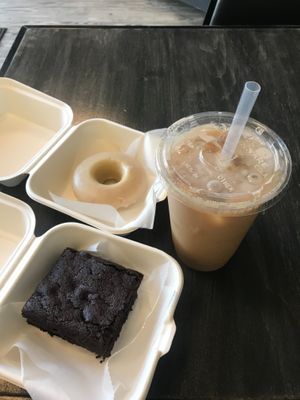 Brownie, glazed donut and iced coffee at Fat Cats in Austin