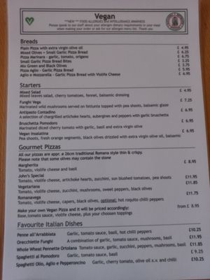 Vegan menu at Alexandra Ristorante in Ramsgate