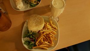 Burger, chips & almond milkshake at Old School Vegetarian Restaurant in South West London
