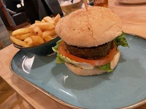 Vegan herby falafel burger with portabello mushroom and chilli marmelade   at Cutty Sark in Marazion