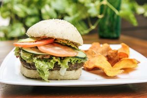 Almond burger at Bio-Organicos in Playa Del Carmen