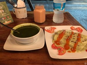 Mamey smoothie, excellent spinach soup and a kind of Mayan cannelloni  at Bio-Organicos in Playa Del Carmen