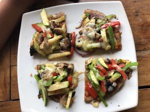 Veggie pizza with vegan queso! at Bio-Organicos in Playa Del Carmen