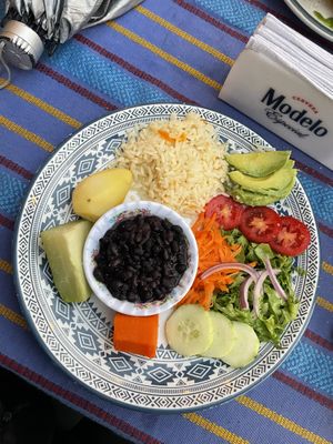 Vegan plate 40Q - on the menu is a vegetarian plate but they kindly veganised it by swapping out the mashed potato. Also came with bread  at Shanti Shanti in San Pedro La Laguna