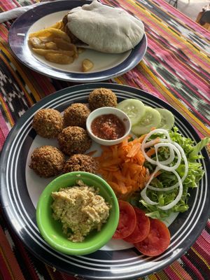 Falafel plate or sandwich, only 35Q  at Shanti Shanti in San Pedro La Laguna