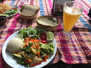 Fajitas, falafels and fresh squeezed orange juice  at Shanti Shanti in San Pedro La Laguna