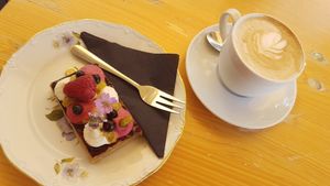 beautiful vegan cake and soy cappuccino at Einzig in Bad Vilbel