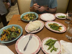 Basil egg plant stir fry for me. Plus edamame   at Tsing Tao in Boulder